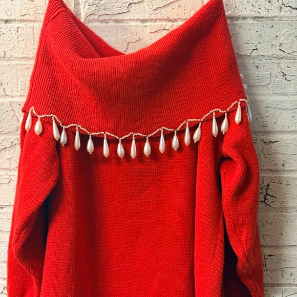 Studio C Red Beaded Pearl Embellished Sweater – Size 2X – Glam Off-Shoulder - Picture 8 of 10